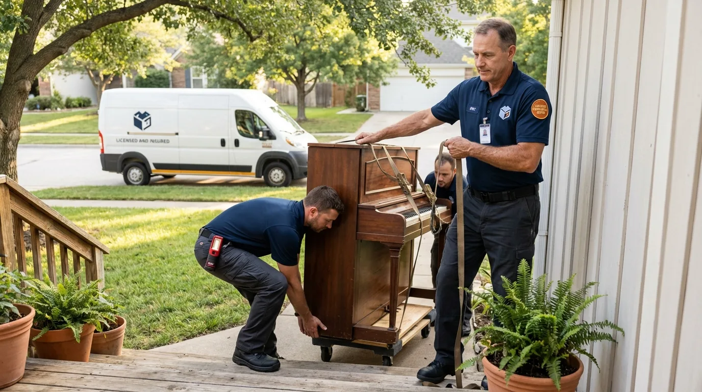 Licensed piano movers securing grand piano in Vilonia, AR