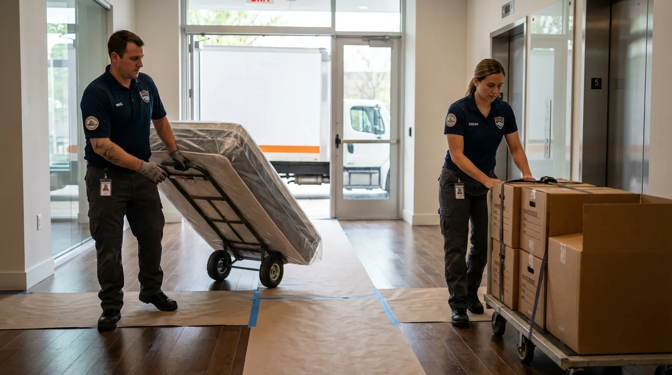 Professional apartment movers loading elevator in Vilonia, AR