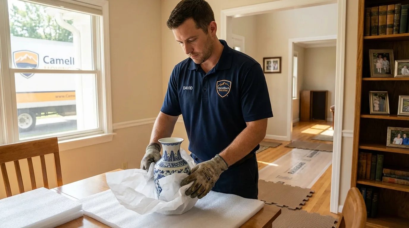 Professional crew carefully wrapping antique vase for senior downsizing move in Vilonia, AR